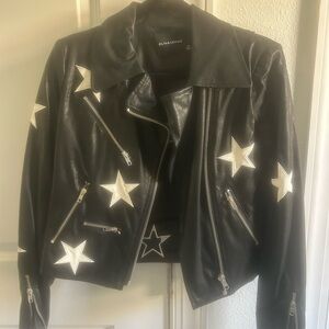 Olivaceous Black Faux-Leather Star Patch Moto Jacket